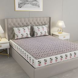 Wayne Martin Maroon and White Floral 330 TC King Bedsheet with 2 Pillow Covers-image-44