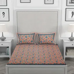 Wayne Martin Orange Floral 330 TC King Bedsheet With 2 Pillow Covers-picture-8