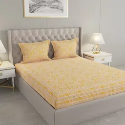 Wayne Martin Yellow Floral Printed Cotton 330 TC King Bedsheet With 2 Pillow Covers-picture-27