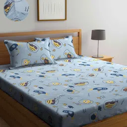 KLOTTHE Blue & Yellow Graphic 300 TC Fitted Double Bedsheet with 2 Pillow Covers-image-15