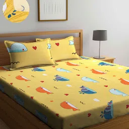 KLOTTHE Yellow & Blue Graphic 300 TC Fitted Double King Bedsheet with 2 Pillow Covers-image-8
