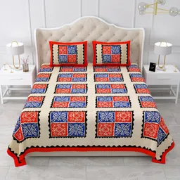 Qfab Red Geometric 144 TC Cotton King Bedsheet with 2 Pillow Covers-image-28