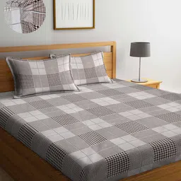 Arrabi Grey & Black Geometric 300 TC King Bedsheet with 2 Pillow Covers-image-80