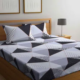 Arrabi Grey & Black Geometric 300 TC Super King Bedsheet with 2 Pillow Covers-image-52