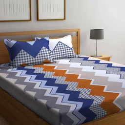 Arrabi Blue & White Geometric 300 TC Super King Bedsheet with 2 Pillow Covers-image-35