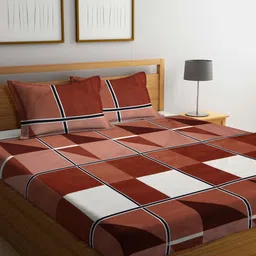 Arrabi Brown & White Geometric 300 TC Flat King Bedsheet with 2 Pillow Covers-image-29