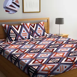 Arrabi Blue & Brown Geometric 300 TC King Bedsheet with 2 Pillow Covers-image-85