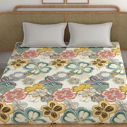 CHHAVI INDIA Cream & Green Floral Cotton 210 TC King Bedsheet With 2 Pillow Covers-image-35
