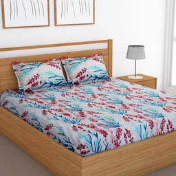 Bedspun Blue & Red Floral 150 TC Queen Bedsheet With 2 Pillow Covers-image-95