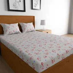 TEAL BY CHUMBAK White & Red Printed Cotton 144 TC Queen Bedsheet With 2 Pillow Covers-image-34