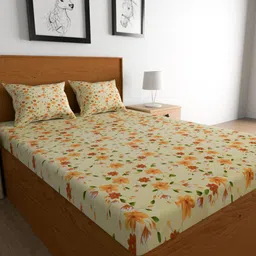 TEAL BY CHUMBAK Yellow & Green Floral Cotton 144 TC Queen Bedsheet With 2 Pillow Covers-image-70