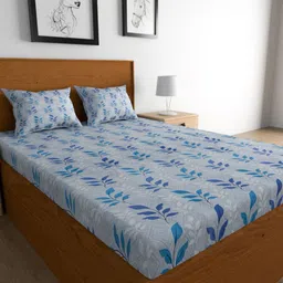 TEAL BY CHUMBAK Blue & White Printed Cotton 144 TC Queen Bedsheet with 2 Pillow Covers-image-25