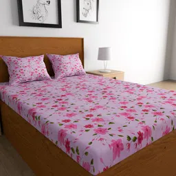 TEAL BY CHUMBAK Pink Printed Cotton 144 TC Queen Bedsheet With 2 Pillow Covers-image-47