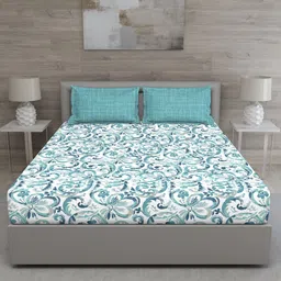 GM Blue & White Floral 144 TC Cotton Queen Bedsheet with 2 Pillow Covers-image-87