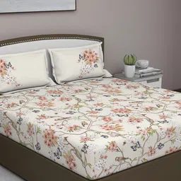 GM Beige & Pink Floral 180 TC Cotton Queen Bedsheet with 2 Pillow Covers-image-77