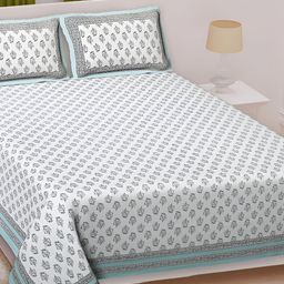 Texstylers Teal Floral Cotton Queen Bedsheet with 2 Pillow Covers-image-49