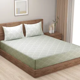 SWAYAM Zinnia White & Green Ethnic Motifs Cotton Queen Bedsheet with 2 Pillow Covers-image-28