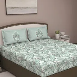 GM Green & Grey Ethnic Motifs 180 TC Queen Bedsheet with 2 Pillow Covers-image-18