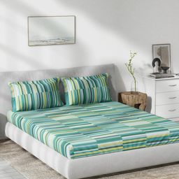 DDecor Green & White Striped 130 TC Queen Bedsheet with 2 Pillow Covers-image-91
