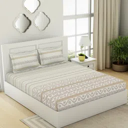 SPACES White & Brown Striped Cotton 144 TC Queen Bedsheet With 2 Pillow Covers-picture-16