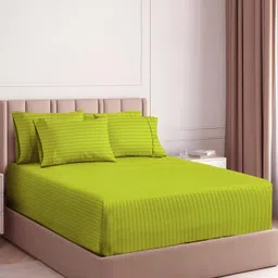 bsb home Lime Green Striped Microfiber 180 TC Fitted Queen Bedsheet with 2 Pillow Covers-image-74