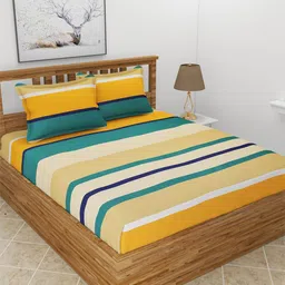 MORADO Beige & Blue Striped 210 TC Queen Bedsheet with 2 Pillow Covers-20
