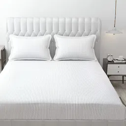 RRC White Striped Microfiber Cotton 210 TC Queen Bedsheet With 2 Pillow Covers-image-78