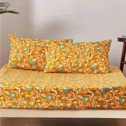 Chumbak Yellow & Blue Floral 130 TC Queen Bedsheet with 2 Pillow Cotton Covers-image-15
