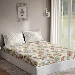 DDecor White & Brown Floral 140 TC Cotton Queen Bedsheet with 2 Pillow Covers-image-93