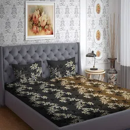 RRC  Black & Brown Floral Printed 144 TC Queen Bedsheet with 2 Pillow Covers-image-85