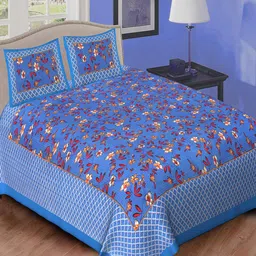 Qfab Blue & Red Floral Cotton 144 TC Queen Bedsheet with 2 Pillow Covers-picture-23