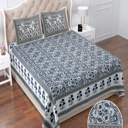 Qfab Grey& White Floral Cotton144 TC Queen Bedsheet with 2 Pillow Covers-7