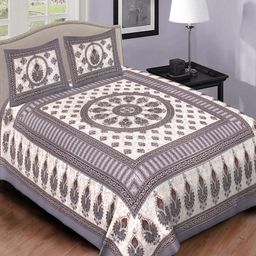 Qfab Grey & White Ethnic Motifs Cotton 144 TC Queen Bedsheet With 2 Pillow Covers-image-77