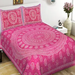Qfab Pink & White Ethnic Motifs Cotton 144 TC Queen Bedsheet with 2 Pillow Covers-image-79