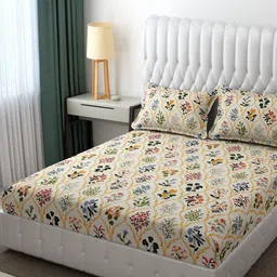 RRC Cream-Coloured Floral Printed 144 TC Queen Bedsheet with 2 Pillow Covers-picture-24