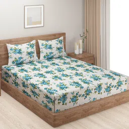 SWAYAM Green & White Floral Cotton Fitted 160 TC Queen Bedsheet With 2 Pillow Covers-image-84