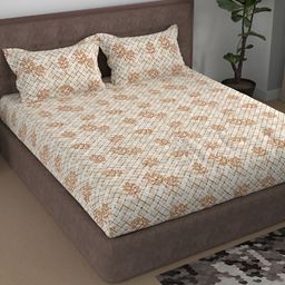 Aura Brown & White Floral Printed Cotton 180 TC Queen Bedsheet With 2 Pillow Covers-image-35