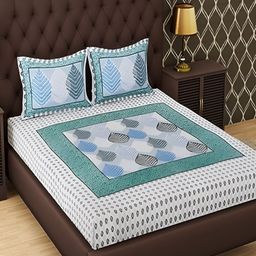 Runjhun White & Green Ethnic Motifs Pure Cotton 180 TC Queen Bedsheet With 2 Pillow Covers-image-22