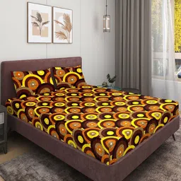 Aura Brown And Yellow Geometric Printed 144 TC Queen Bedsheet Set 2.24 m x 2.42 m-image-15