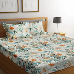 URBAN DREAM White & Green Floral Cotton 210 TC Queen Bedsheet with 2 Pillow Covers-image-70