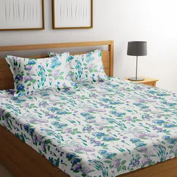 URBAN DREAM White & Blue 210 TC Cotton Queen Bedsheet with 2 Pillow Covers-image-66