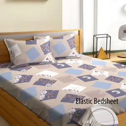 Aura Brown & Blue Geometric 180 TC Fitted Queen Bedsheet With 2 Pillow Covers-picture-15