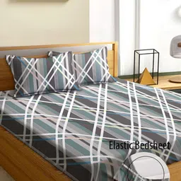 Aura Grey & Green Geometric 180 TC Fitted Queen Bedsheet With 2 Pillow Covers-image-89