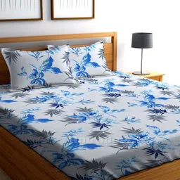 AMRANGE Blue & Grey Floral 250 TC King Bedsheet with 2 Pillow Covers-image-53