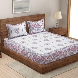 Rajasthan Decor White & Pink Floral Cotton 144 TC King Bedsheet With 2 Pillow Covers-image-91