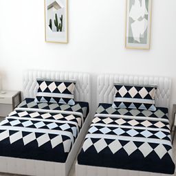 Bromwick Blue & Black Geometric Cotton 210 TC 2 Single Bedsheet with 2 Pillow Covers-image-101