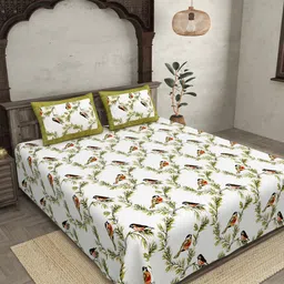 JAIPUR FABRIC White & Green Cotton Floral King Bedsheet with 2 Pillow Covers-picture-49