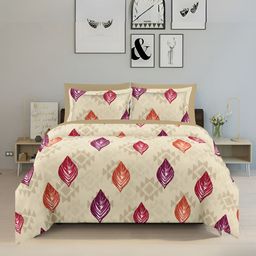 borato Cream & Orange Ethnic Motifs Cotton 150 TC Queen Bedsheet with 2 Pillow Covers-13