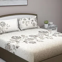 GM Beige & Grey Floral 180 TC Queen Cotton Bedsheet with 2 Pillow Covers-image-79