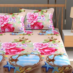 Aura Beige & Blue Floral Printed 180 TC Queen Bedsheet with 2 Pillow Covers-image-41